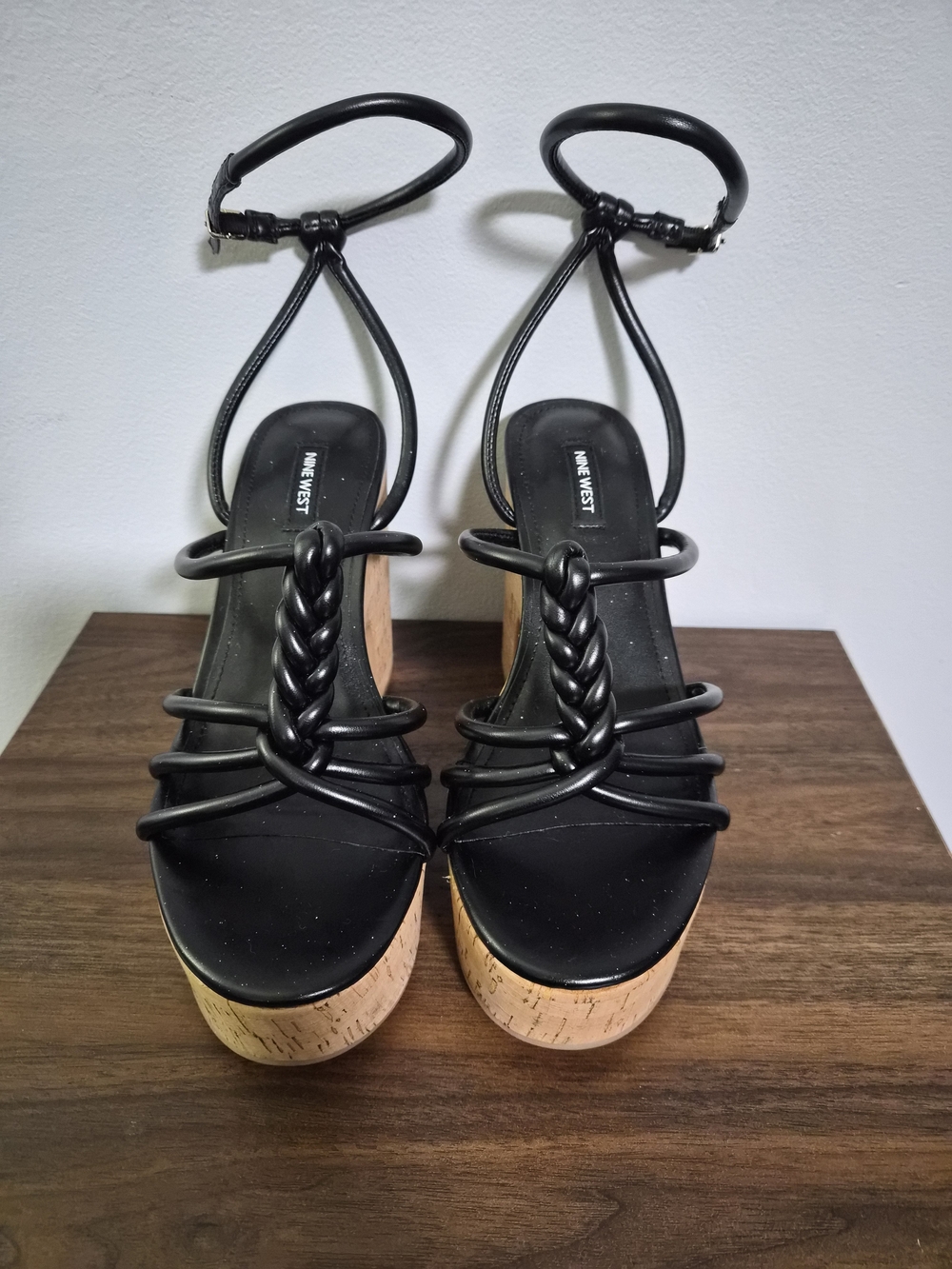Nine West Black Braided Cork Platform Sandals